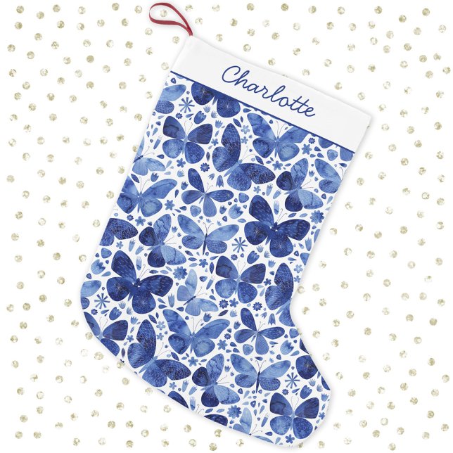 Butterfly Watercolor Blue Kleiner Weihnachtsstrumpf (Personalized script name pretty blue and white watercolor Christmas stocking)
