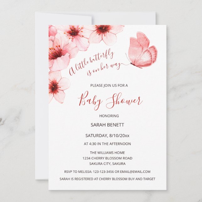 Butterfly Watercolor Cherry Blossom Babydusche Einladung (Vorderseite)