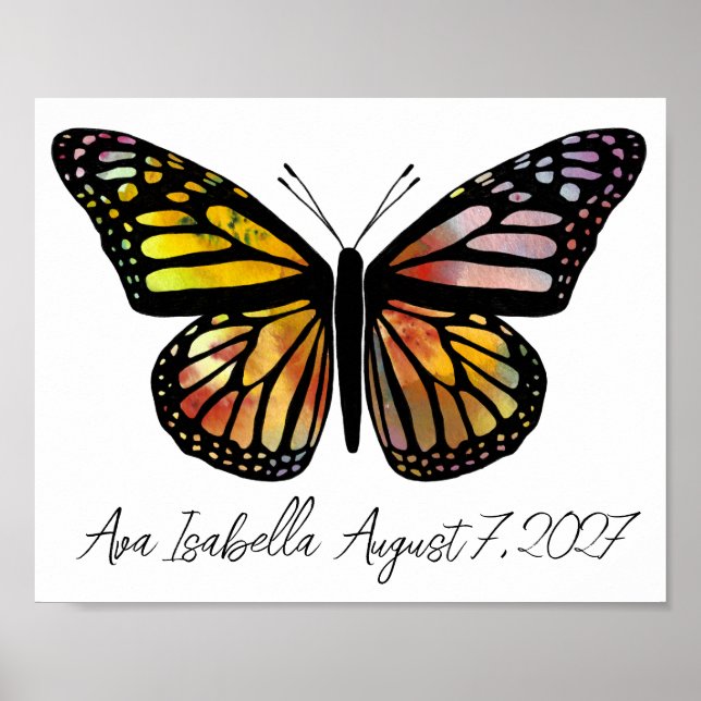 Butterfly Watercolor CUSTOM BABY NAME BIRTHDATE Poster (Vorne)
