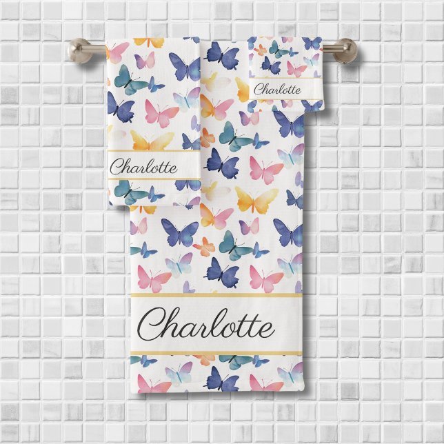 Butterfly Watercolor Individuelle Name Badhandtuch Set (Von Creator hochgeladen)