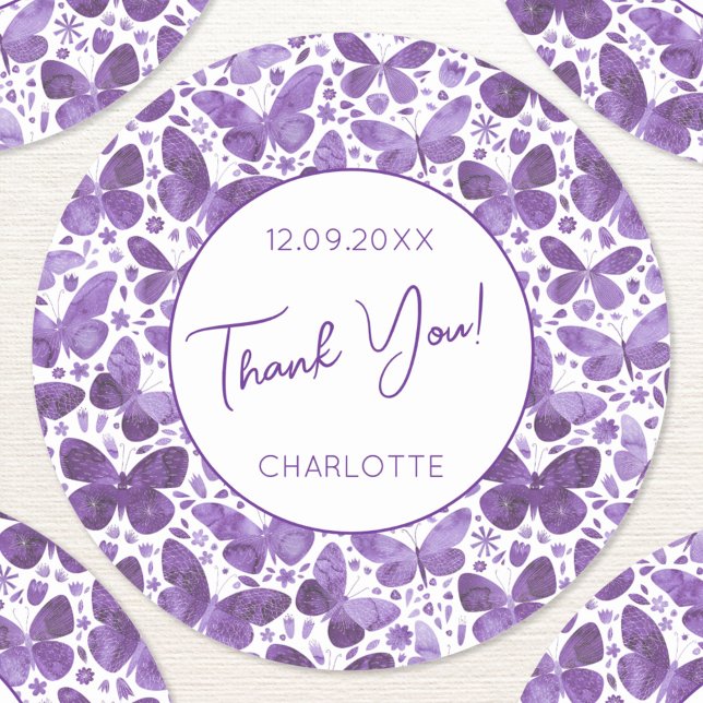 Butterfly Watercolor Lila Danke Name Datum Runder Aufkleber (Pretty purple butterfly pattern thank you personalized name date sticker)