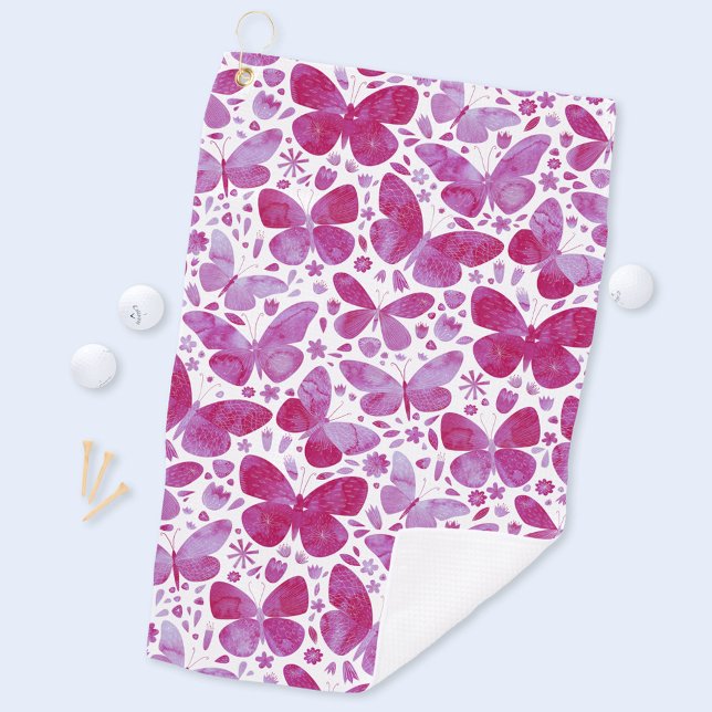 Butterfly Watercolor Magenta Hot Pink Golfhandtuch (Hot magenta pink and white watercolor butterfly pattern art golf towel)