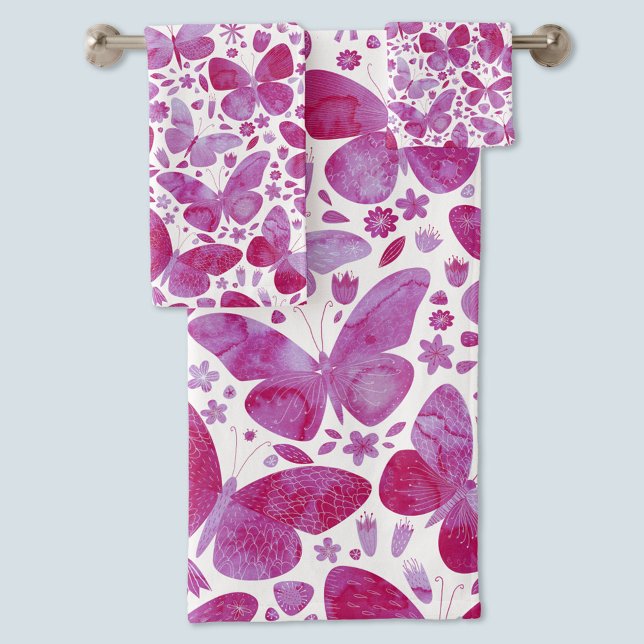 Butterfly Watercolor Pink Badhandtuch Set (Magenta pink watercolor butterfly pattern bath and hand towel set)