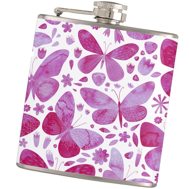 Butterfly Watercolor Pink Flachmann (Magenta hot pink and white watercolor butterfly art hip flask)