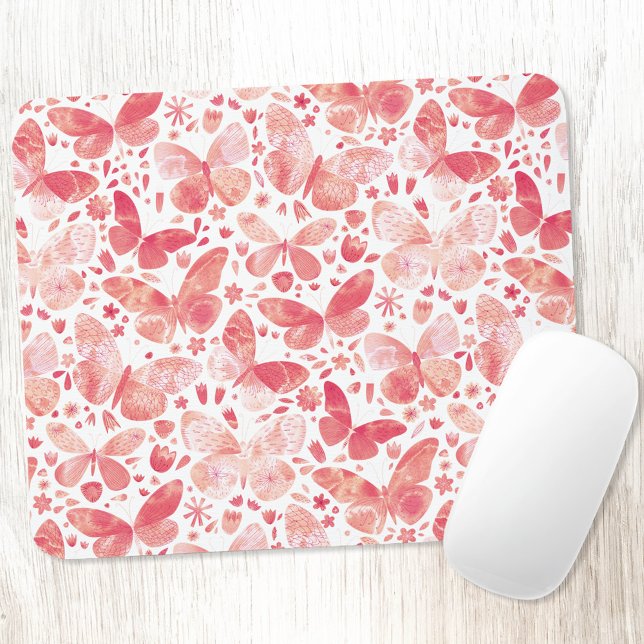 Butterfly Watercolor PInk Mousepad (Coral blush pink butterfly watercolor pattern  art mousemat)