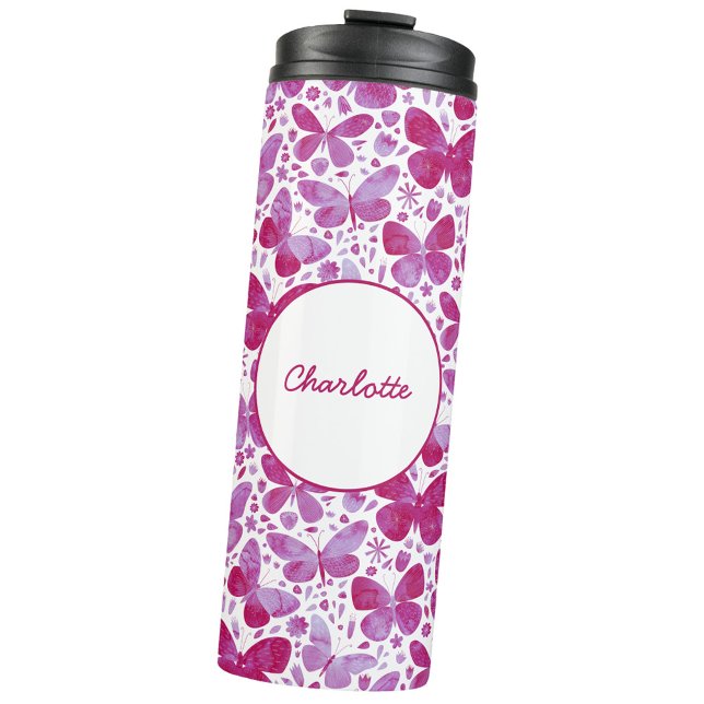 Butterfly Watercolor Pink Personalisiert Thermosbecher (Magenta pink watercolor butterfly pattern personalized name thermal tumbler)
