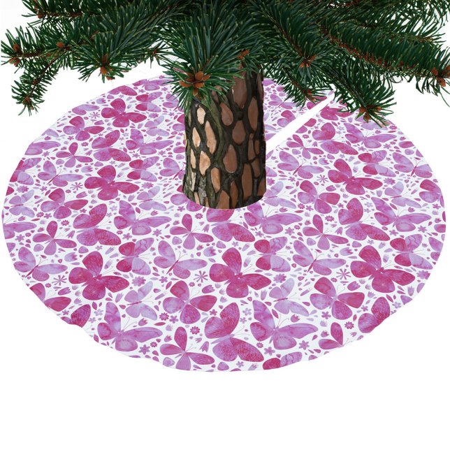 Butterfly Watercolor Pink Polyester Weihnachtsbaumdecke (Hot magenta pink and white watercolor butterfly art Christmas tree skirt)