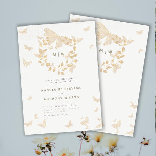 Butterfly Wedding Gold Monogramme Wreath Elegant Einladung