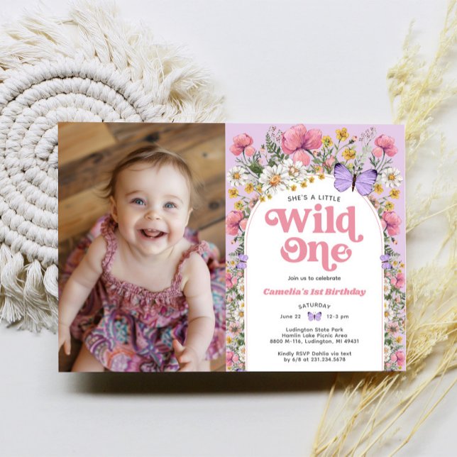 Butterfly Wildblume 1. Geburtstag Foto Einladung (Butterfly Wildflower 1st Birthday Photo Invitation)