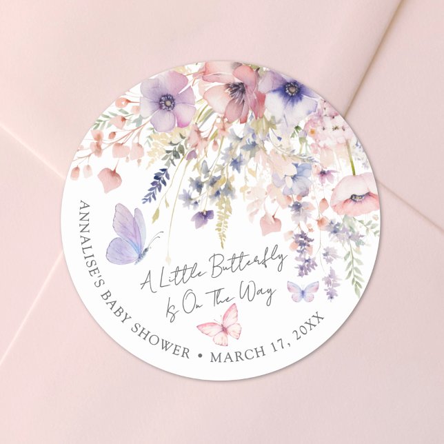 Butterfly Wildblume Babydusche Runder Aufkleber (Butterfly Wildflower Baby Shower Classic Round Sticker)
