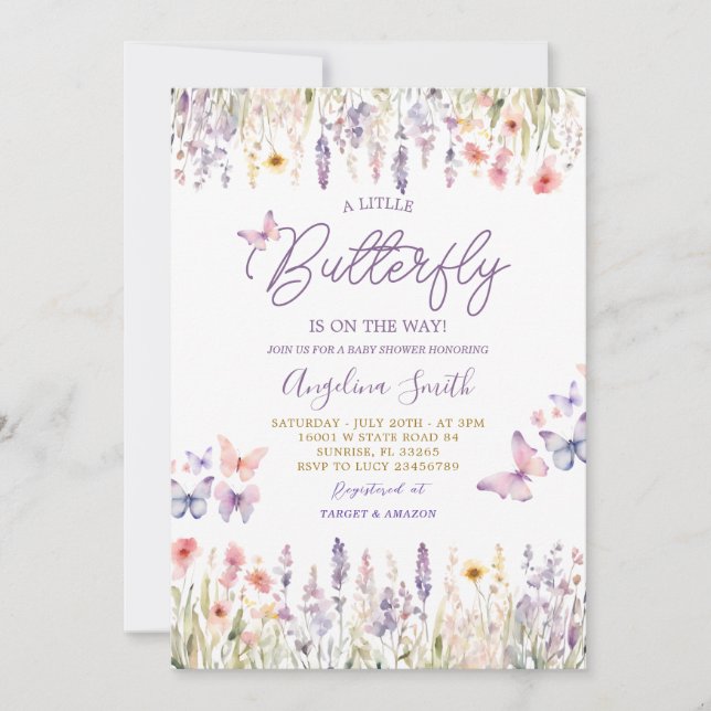 Butterfly Wildblume Garden Floral Baby Dusche Einladung (Vorderseite)