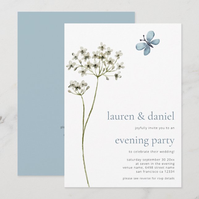 Butterfly Wildblume QR Blue Wedding Abend Party Einladung (Vorne/Hinten)
