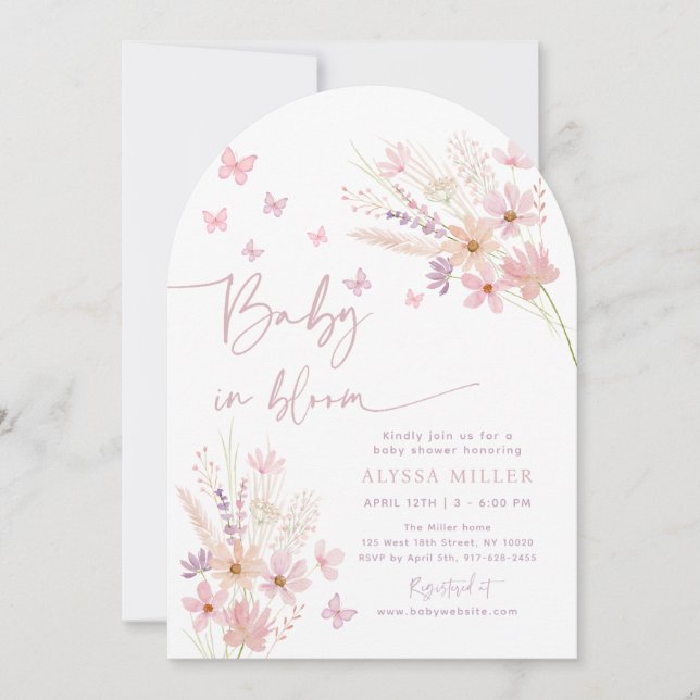 Butterfly Wildblumen Baby in Bloom Baby Dusche Einladung (Vorderseite)
