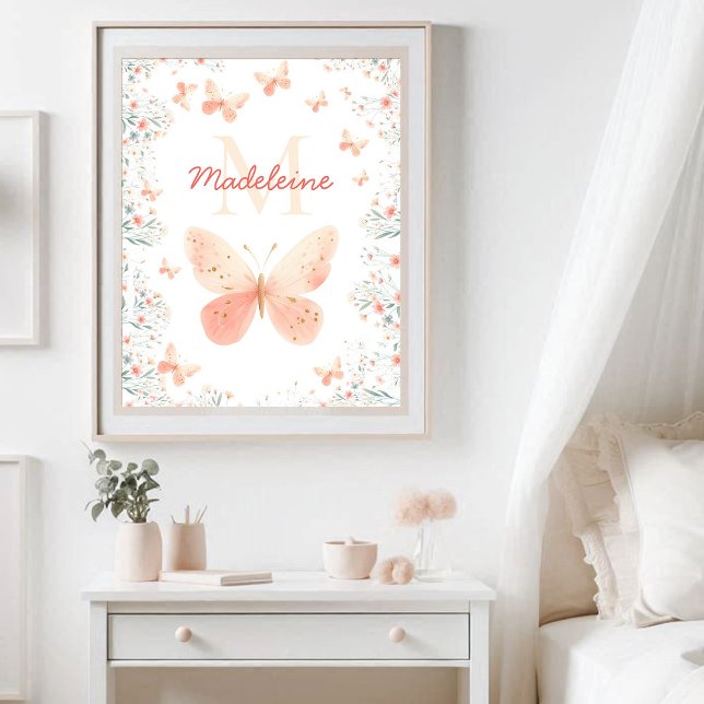 Butterfly-Wildblumen Coral Aquamarin Monogramm Nie Poster (butterfly wildflowers monogram name personalized nursery decor poster pink coral teal cute)