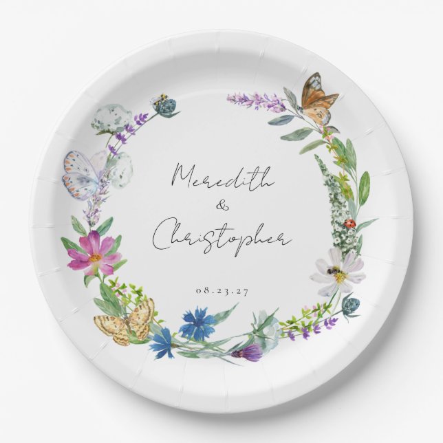 Butterfly-Wildblumen Hochzeit Pappteller (Vorderseite)
