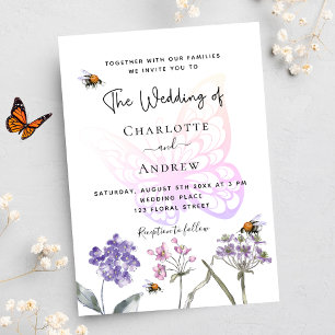 Butterfly-Wildblumen violett-rosa Hochzeit Einladungspostkarte