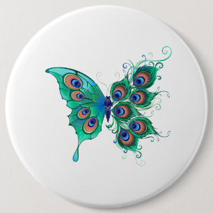 Butterfly with Green Peacock Feathers Button