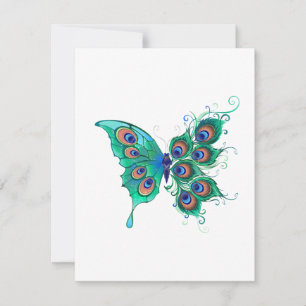Butterfly with Green Peacock Feathers RSVP Karte