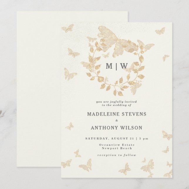 Butterfly Wreath Ivory Gold Monogramme Hochzeit Einladung (Vorne/Hinten)