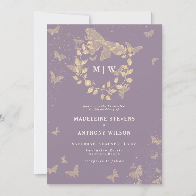 Butterfly Wreath Lilac Gold Monogramme Hochzeit Einladung (Vorderseite)