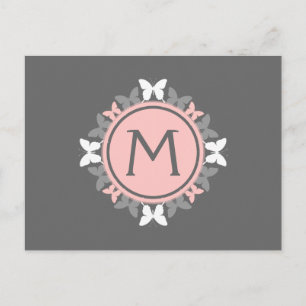 Butterfly Wreath Monogram White Rose Pink Grau Postkarte