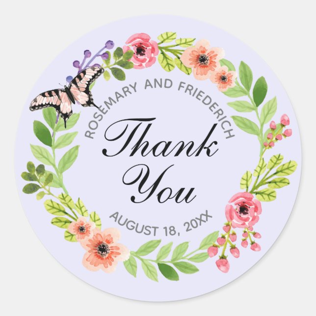 Butterfly Wreath Wedding Danke, Lavender Runder Aufkleber (Vorderseite)