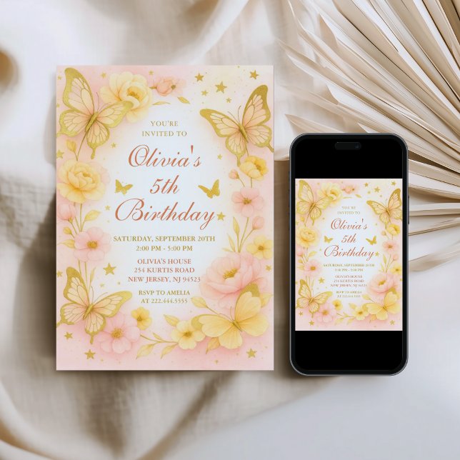 Butterfly Yellow and Pink Birthday Invitation (Créateur téléchargé)