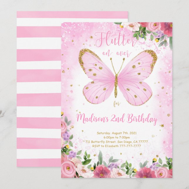 Butterfly zum Geburtstag Einladung (Vorne/Hinten)