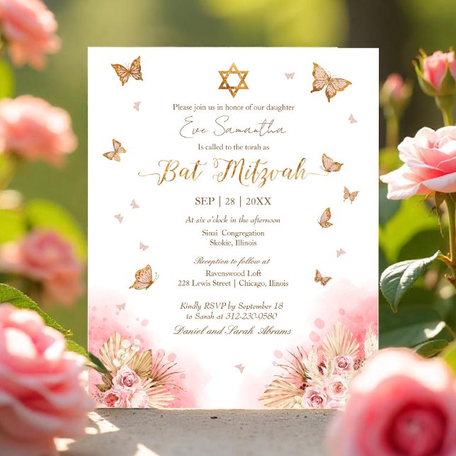 Butterflys Gold Foil Bat Mitzvah Budget Einladung (Von Creator hochgeladen)