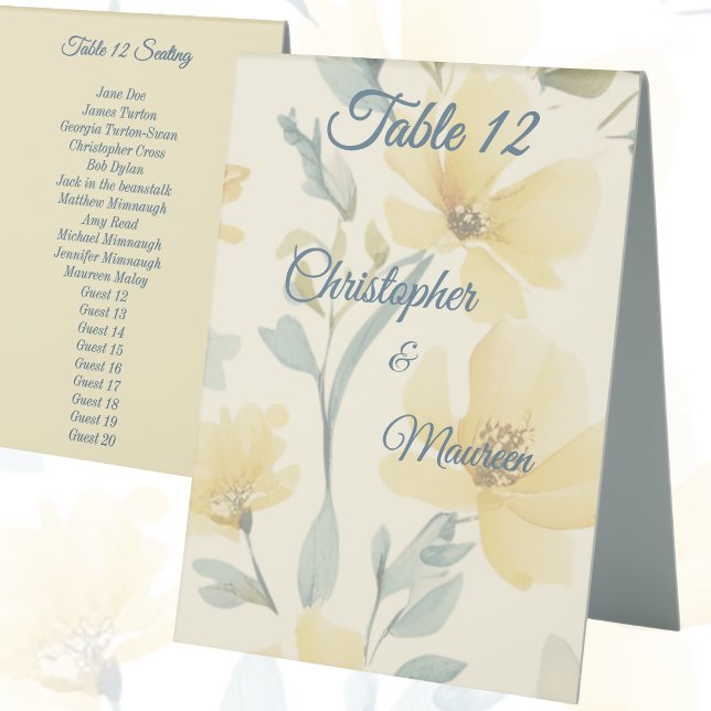 Buttergelb blass blaue Flora Wasserfarbenhochzeit Tischaufsteller (These table numbers have space for 20 names on the back side.  Matching Yellow & Blue Floral Wedding)