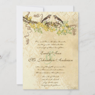 Buttergelb blühende Vintage Lovebird-Hochzeiten Einladung