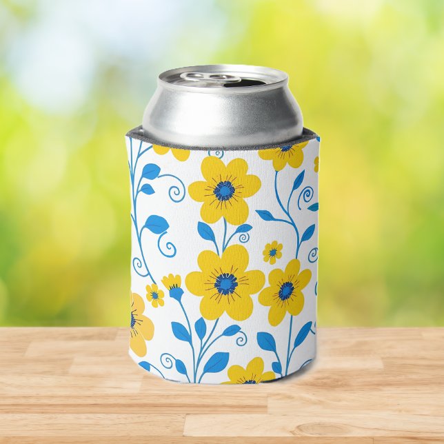 Buttergelb und blau dosenkühler (Butter Yellow and Blue Floral Can Cooler)