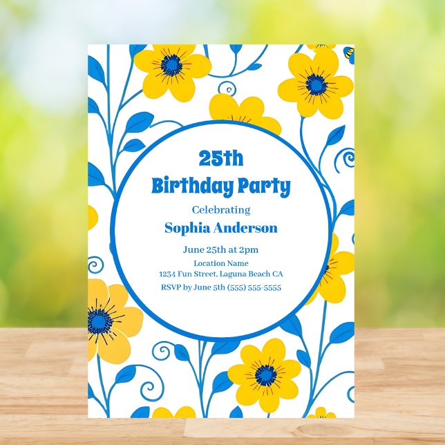 Buttergelb und blau Florals-Geburtstag Einladung (Butter Yellow and Blue Florals-Birthday Invitation in White)