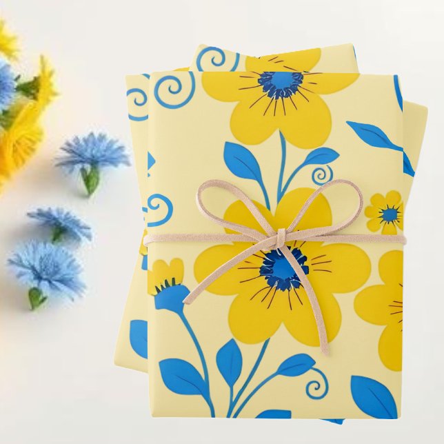 Buttergelb und blau geschenkpapier set (Butter Yellow and Blue Floral Wrapping Paper Sheets)