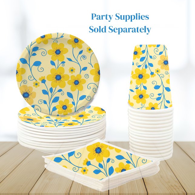 Buttergelb und blau pappbecher (Butter Yellow and Blue Floral-Party Supplies-Plates Napkins and Cups)