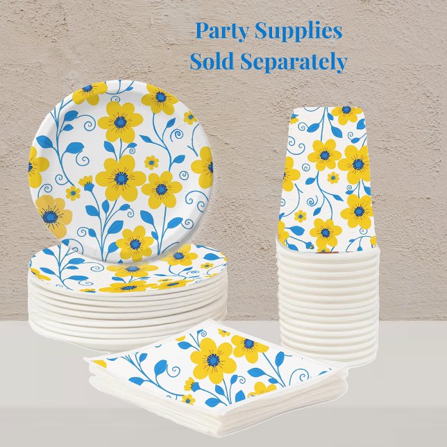 Buttergelb und blau pappteller (Butter Yellow and Blue Floral Pattern- Party Supplies, plates, napkins and cups)