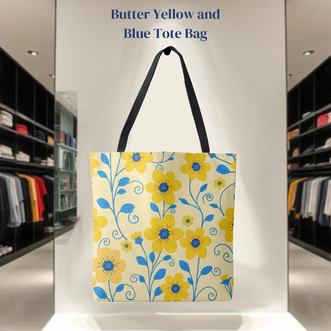 Buttergelb und blau tasche (Butter Yellow and Blue Floral-Tote Bag )