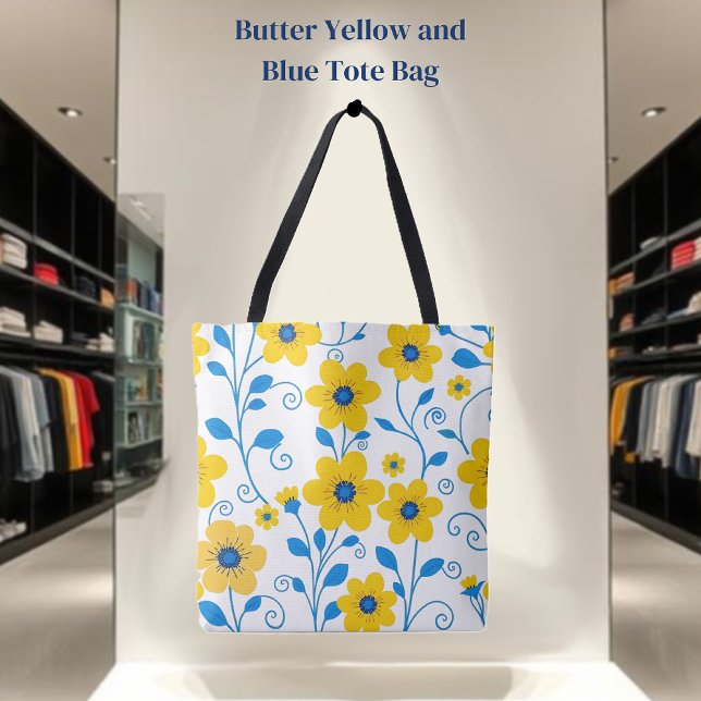 Buttergelb und blau tasche (Butter Yellow and Blue Floral Tote Bag in White)