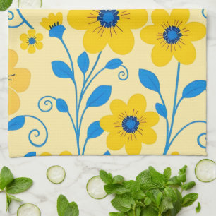 Buttergelb und Blaue Blüten Geschirrtuch