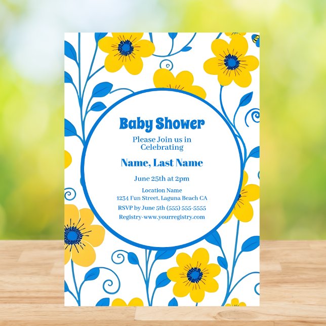 Buttergelb und blaue Florals-Baby-Dusche Einladung (Butter Yellow and Blue Florals-Birthday Invitation in White)