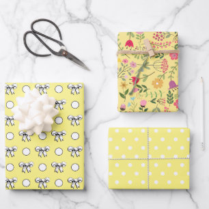 Buttergelb und Weißpolka Dots Wildblumen Geschenkpapier Set