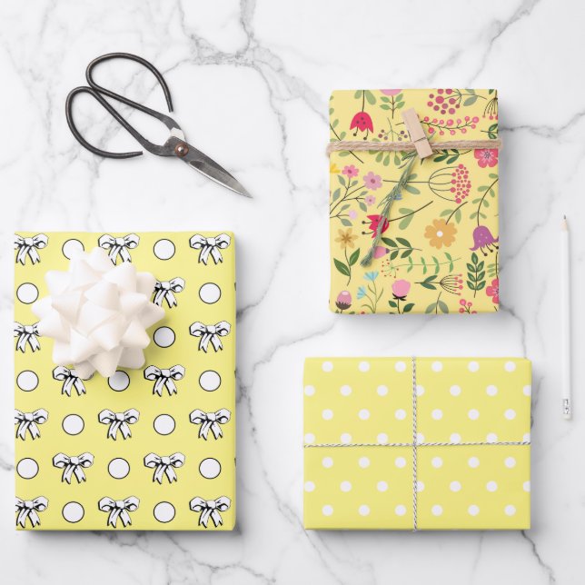 Buttergelb und Weißpolka Dots Wildblumen Geschenkpapier Set (Vorderseite)