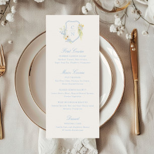 Buttergelbe blaue Blumen-Monogramm-Wappen-Hochzeit Menükarte