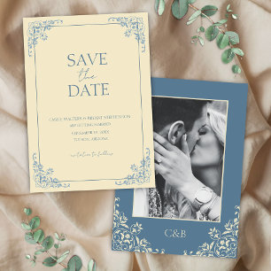 Buttergelbe Dusty Blue Minimal Save the Date Einladung