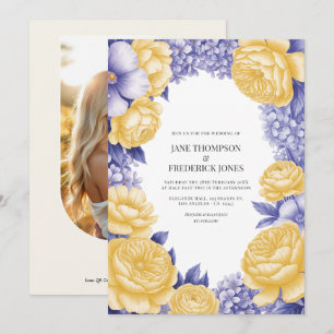 Buttergelbe und Periwinkle-Blumen-Hochzeitsfoto Einladung