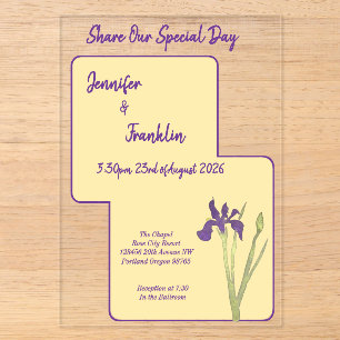 Buttergelbe und violette Iris Aquarell-Hochzeit Acryleinladungen