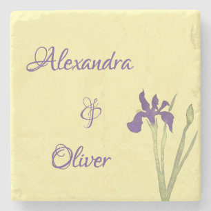 Buttergelbe und violette Iris Aquarell-Hochzeit Steinuntersetzer