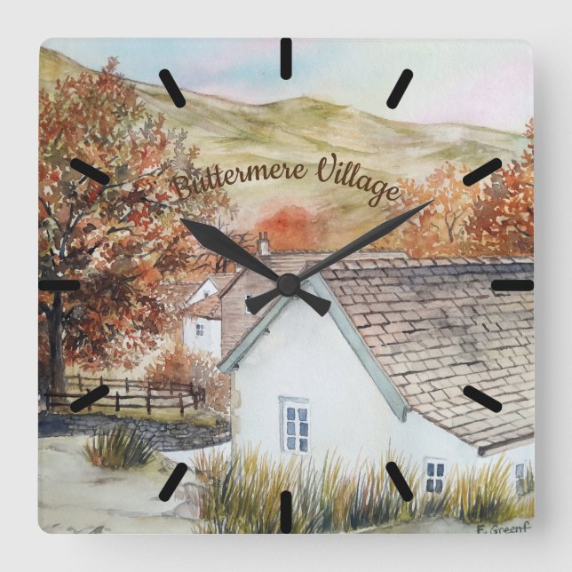 Buttermere Village, Lake District, England Quadratische Wanduhr (Vorderseite)