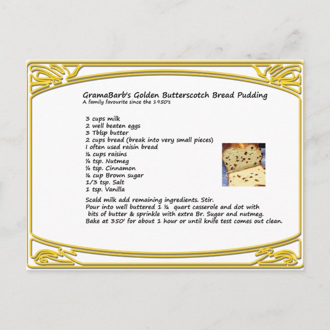 Butterscotch Brot Pudding Rezept Postkarte (Vorderseite)