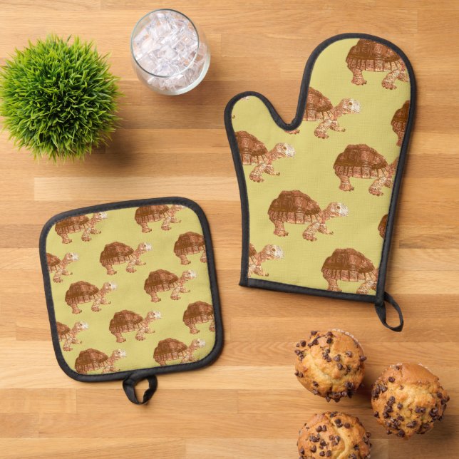 Butterscotyellow Niedlich Tortoise Turtle Pattern Ofenhandschuh & Topflappen-Set (Oben Unten)